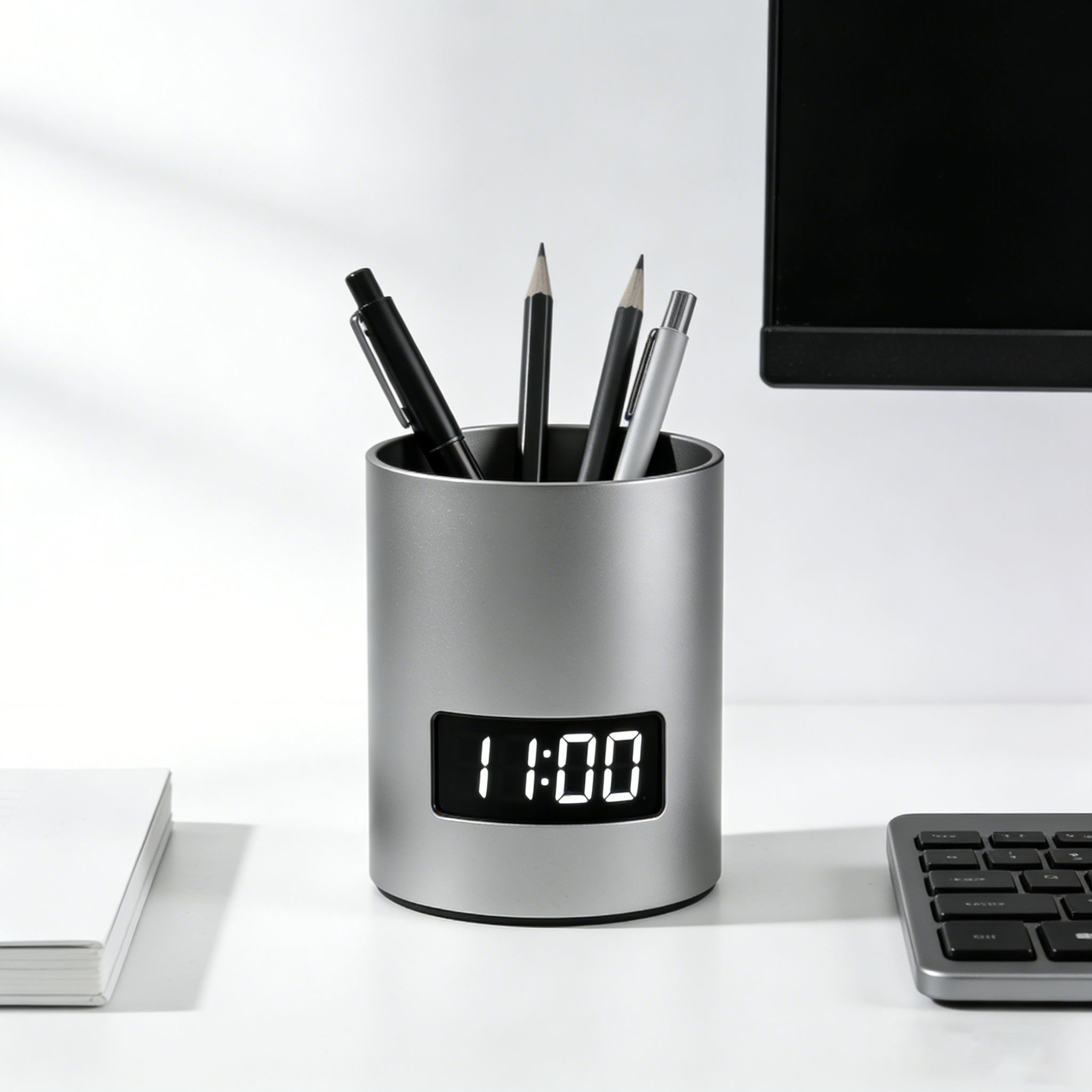 Titre : Plus qu'un porte-stylo : organisateur de bureau avec horloge numérique pour votre espace de travail
